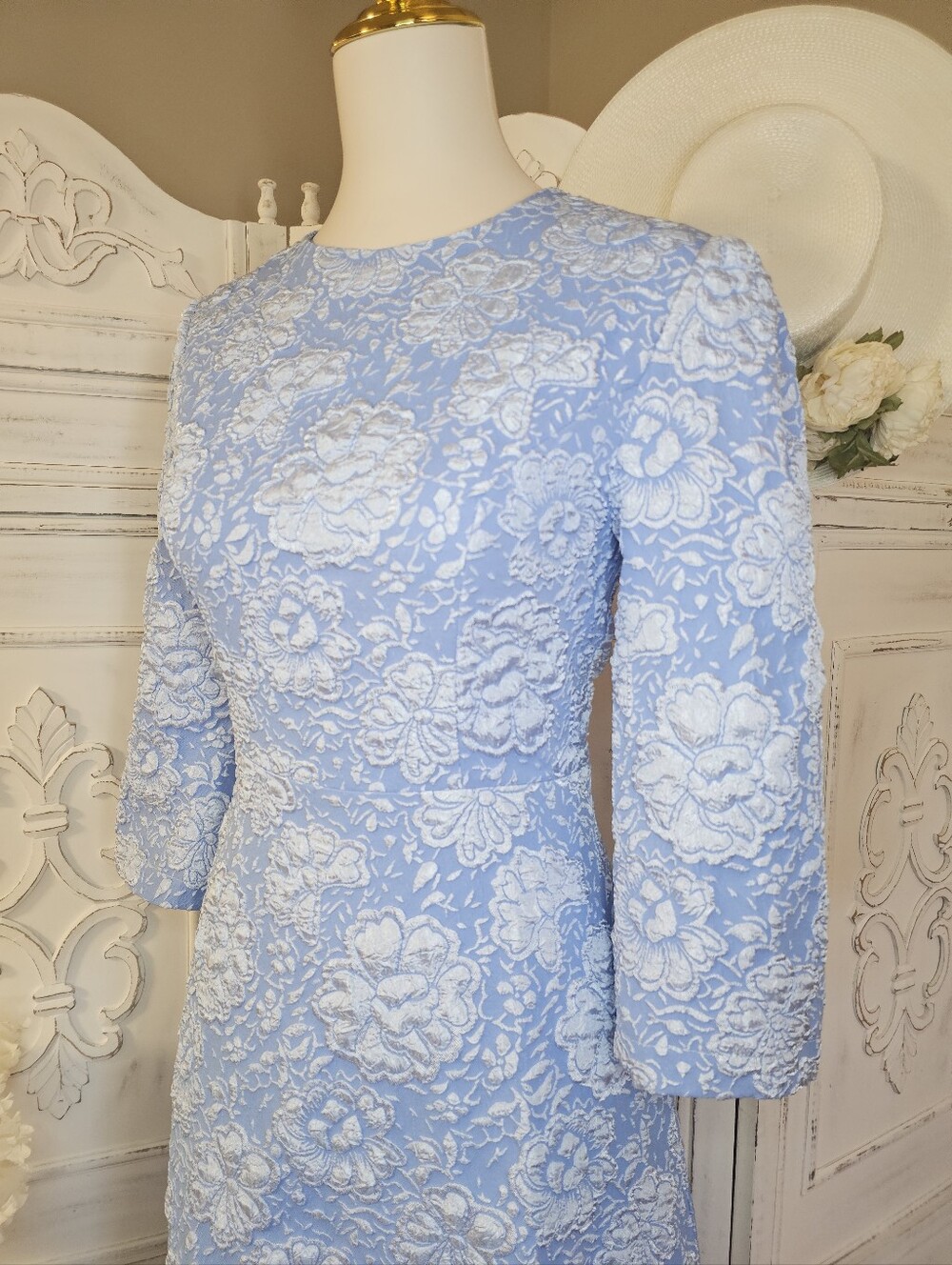 Fehaute Light Blue Floral Jacquard Vintage Inspired Midi A-Line Cocktail Dress - Picture 5 of 8